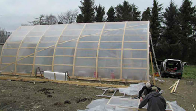 Bow roof shed covered with clear shrink film for use as a greenhouse. We make the bow roof sheds as well! Gallery Image